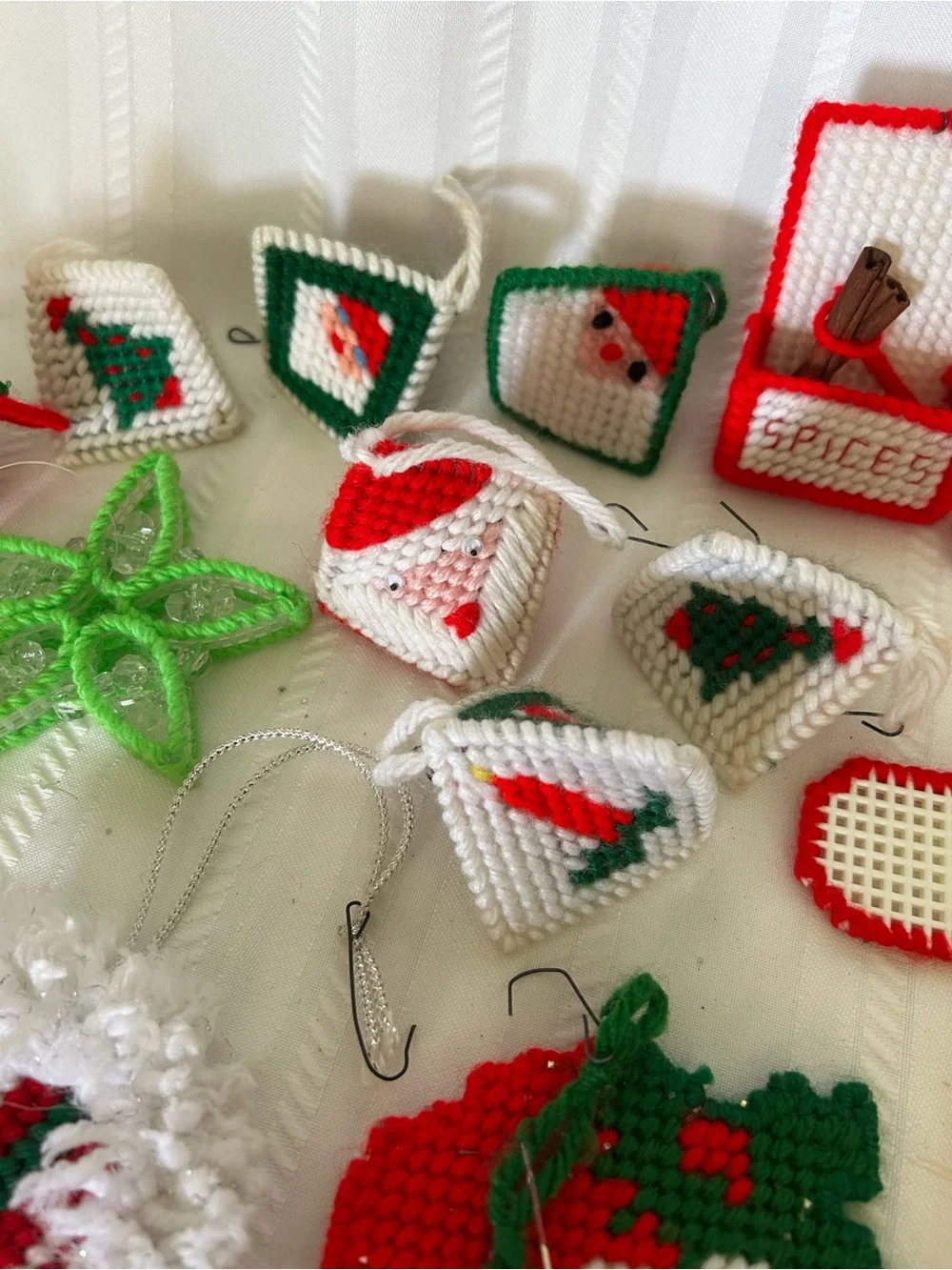 Vintage Plastic Canvas Christmas Ornament Set Santa Elf Angel Spice Box Candle